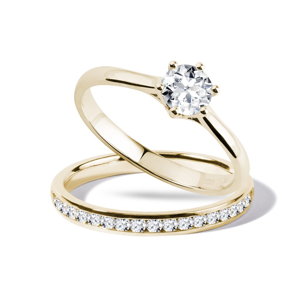 Zestaw: pierścionek zaręczynowy i obrączka z żółtego złota z diamentem |  KLENOTA