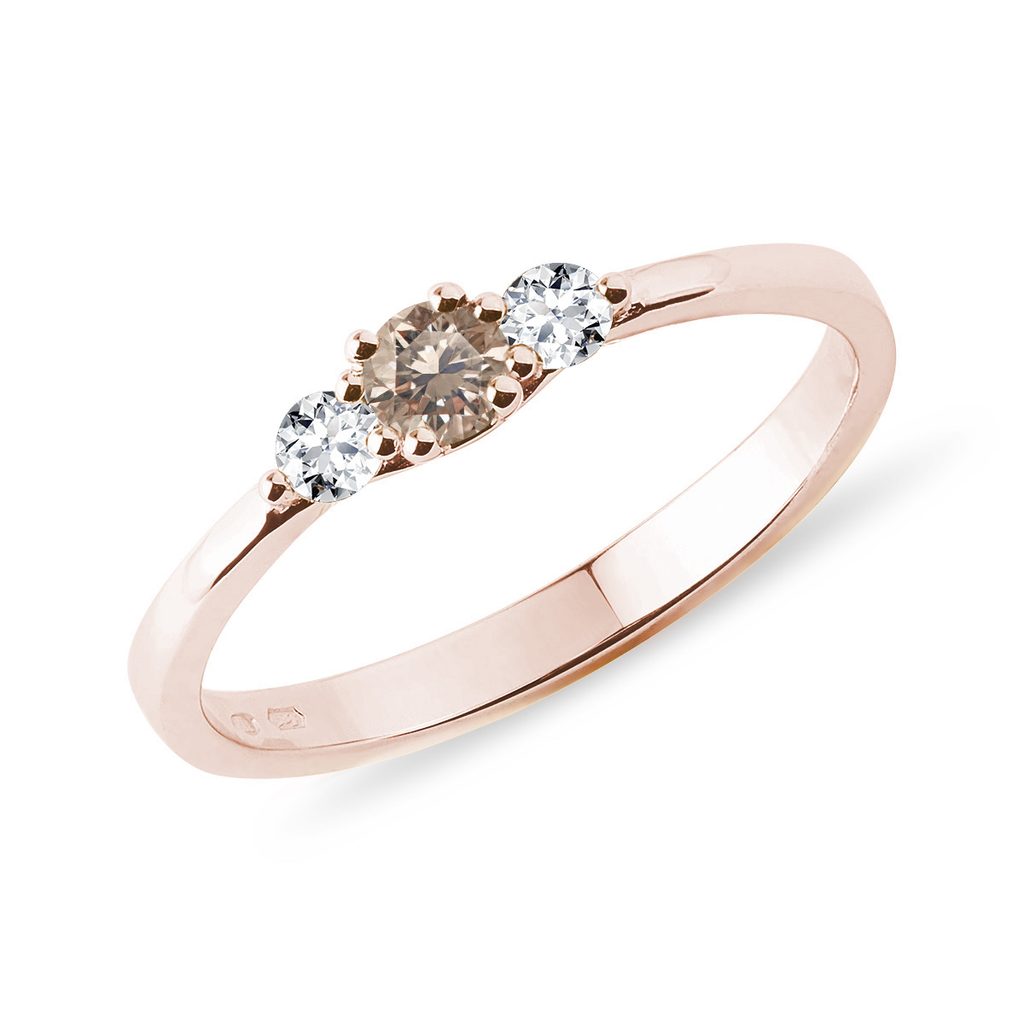 Prsten s champagne a čirými diamanty v růžovém zlatě | KLENOTA
