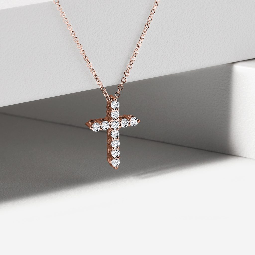 Pendentif croix en or rose avec diamants | KLENOTA