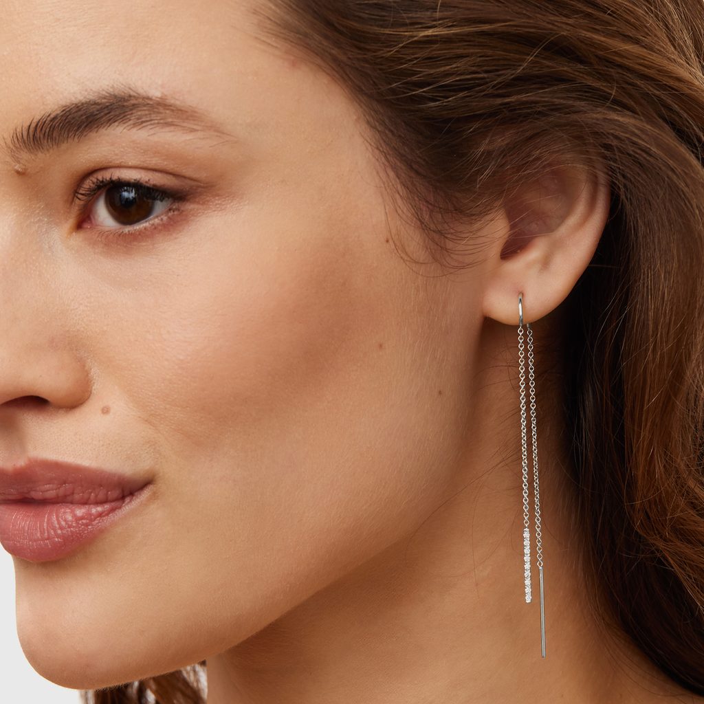 Diamond Bar Threader Earrings in White Gold | KLENOTA