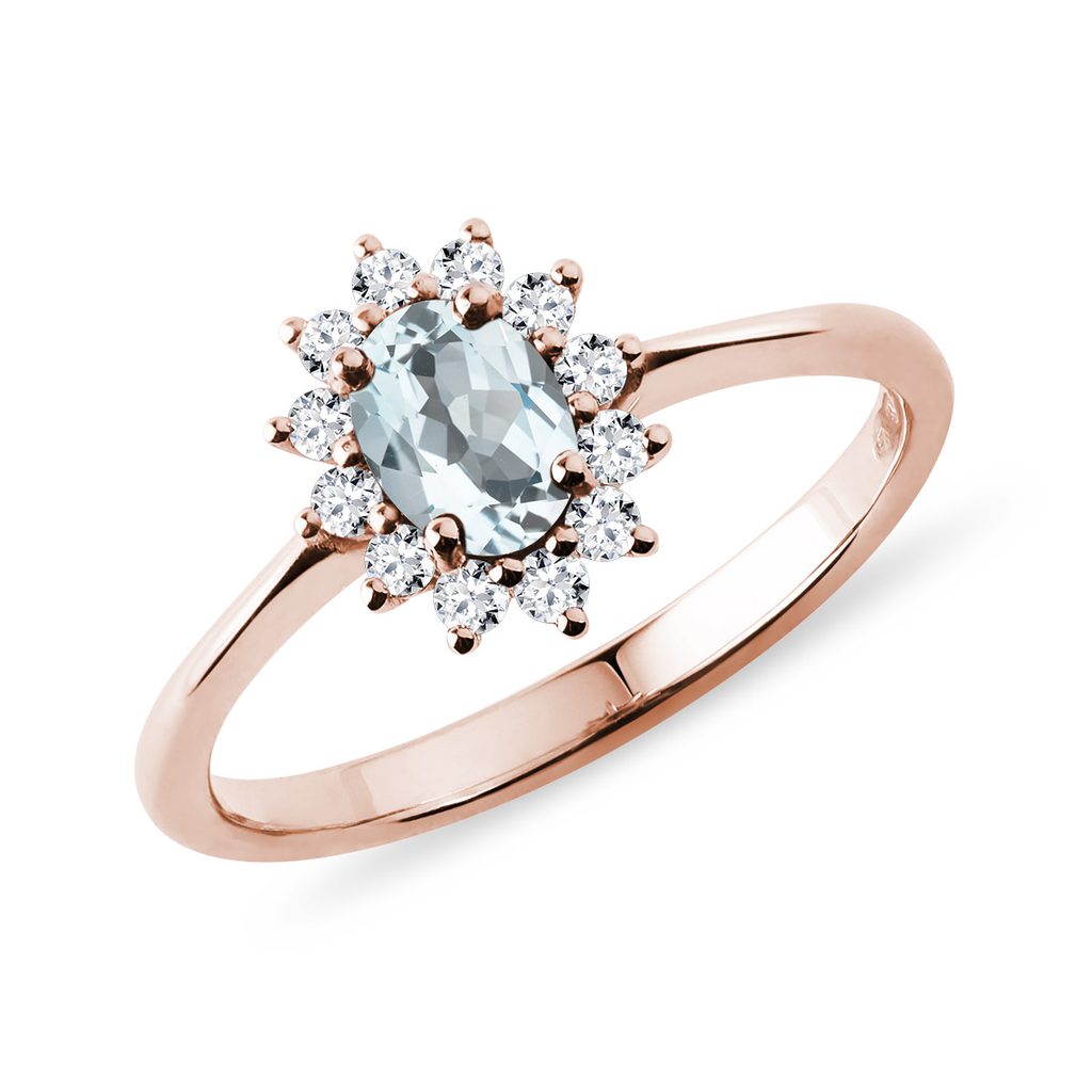 Prsten s akvamarínem a diamanty z růžového zlata | KLENOTA