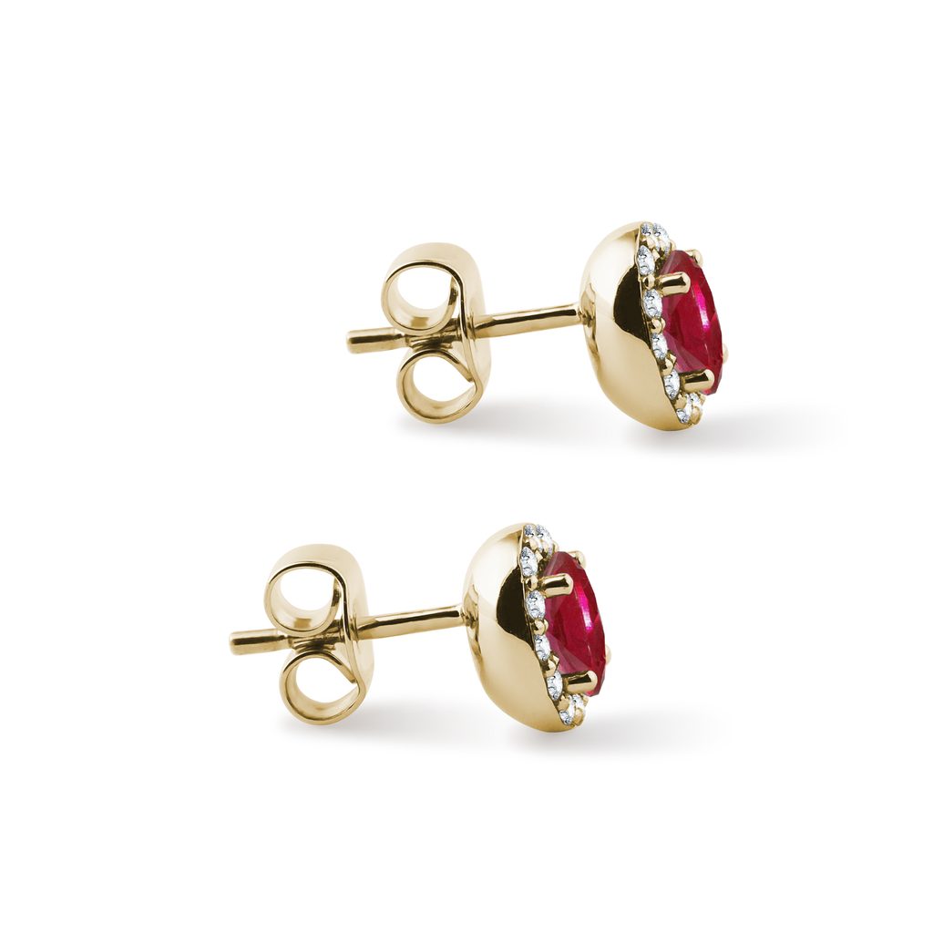 Oval Ruby and Diamond Gold Halo Stud Earrings | KLENOTA