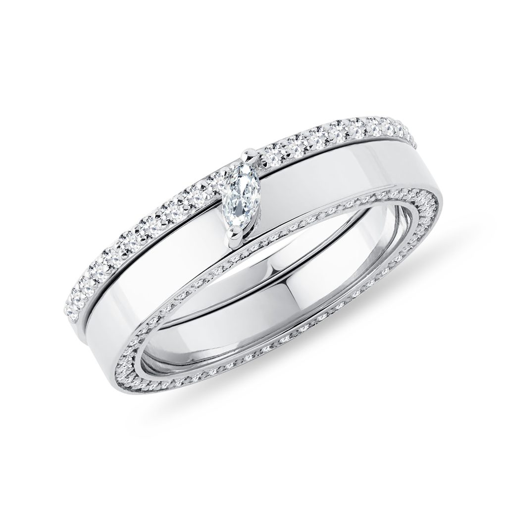 Alliance et bague de fiancailles assorties en or blanc diamant marquise KLENOTA