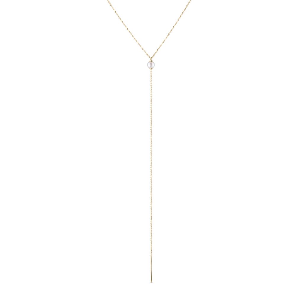 Dlouhý náhrdelník ze žlutého 14k zlata s perlou | KLENOTA