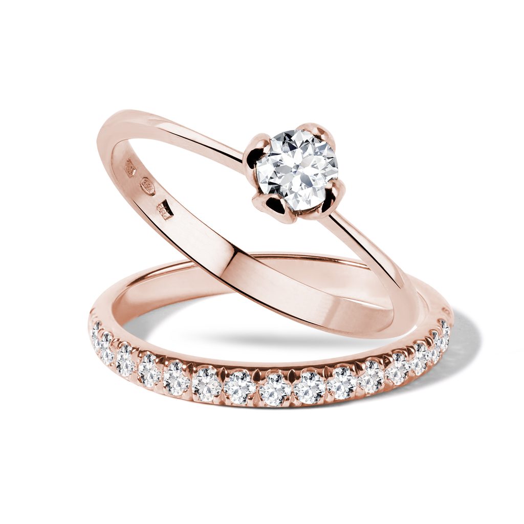 Snubní a zásnubní prsten s diamanty v růžovém zlatě | KLENOTA