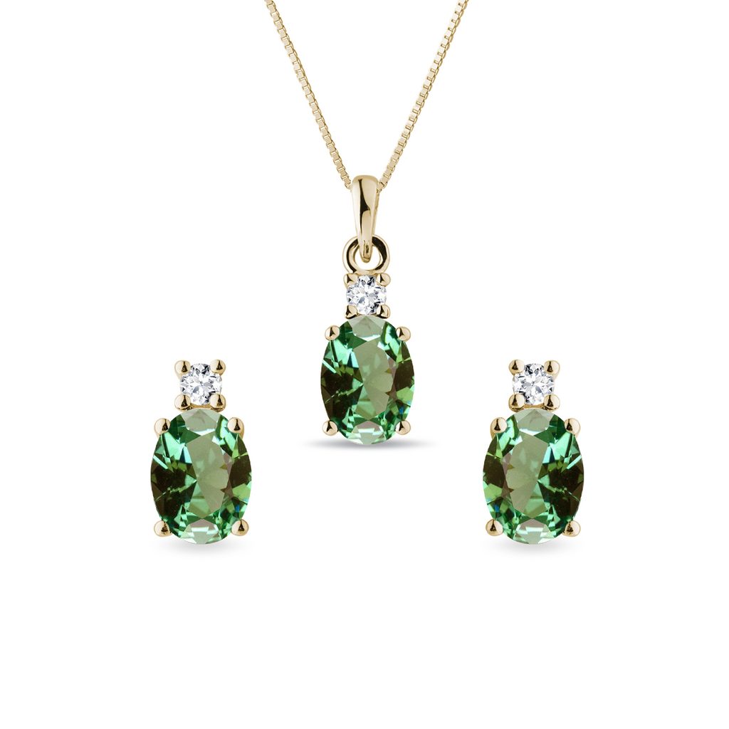 Goldschmuck-Set mit grünem Turmalin und Diamanten | KLENOTA