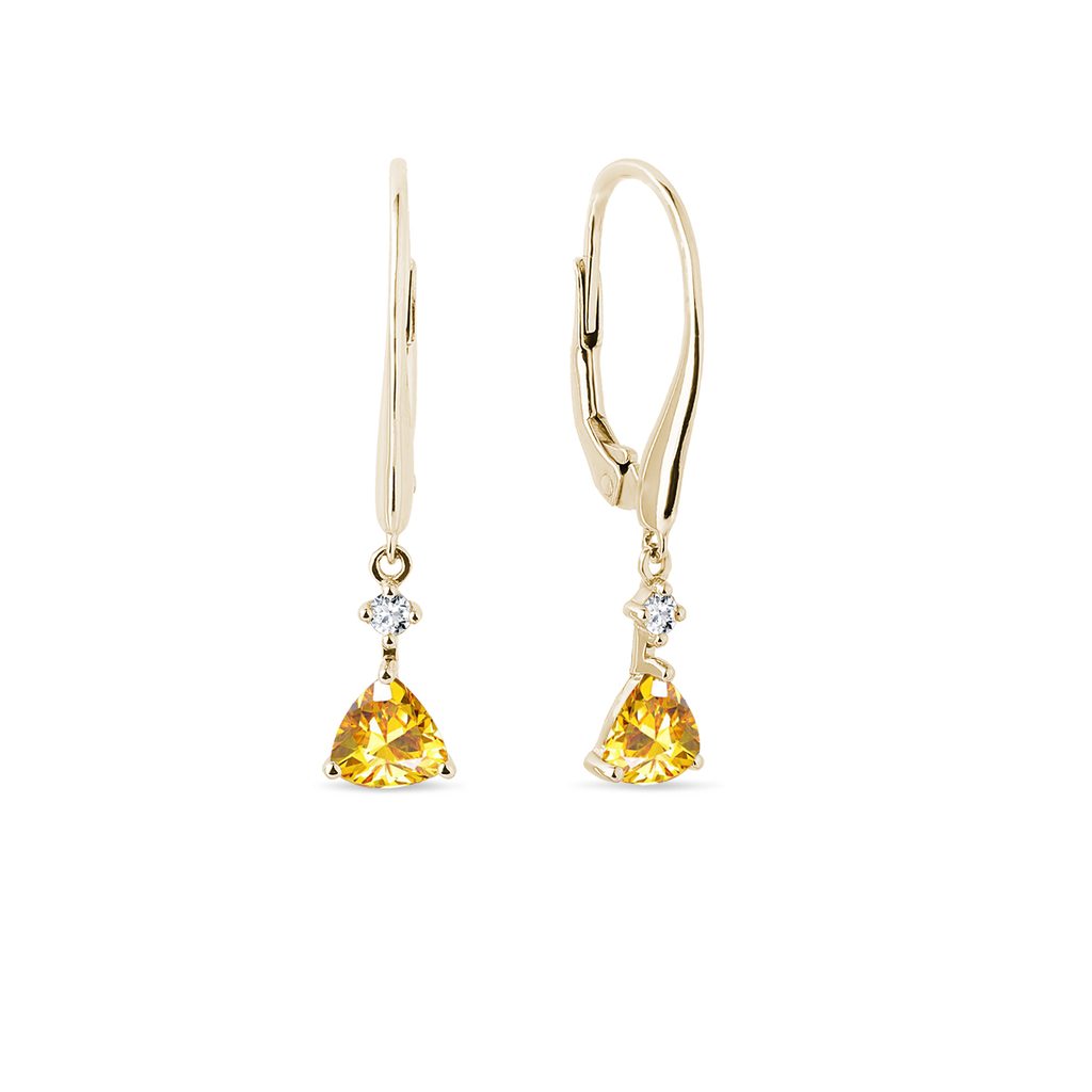 Zlaté visací náušnice s citrínem a diamanty | KLENOTA