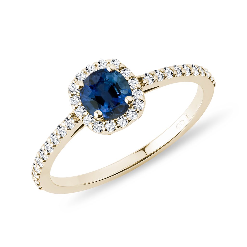 Zlatý halo prsteň so zafírom a diamantmi | KLENOTA