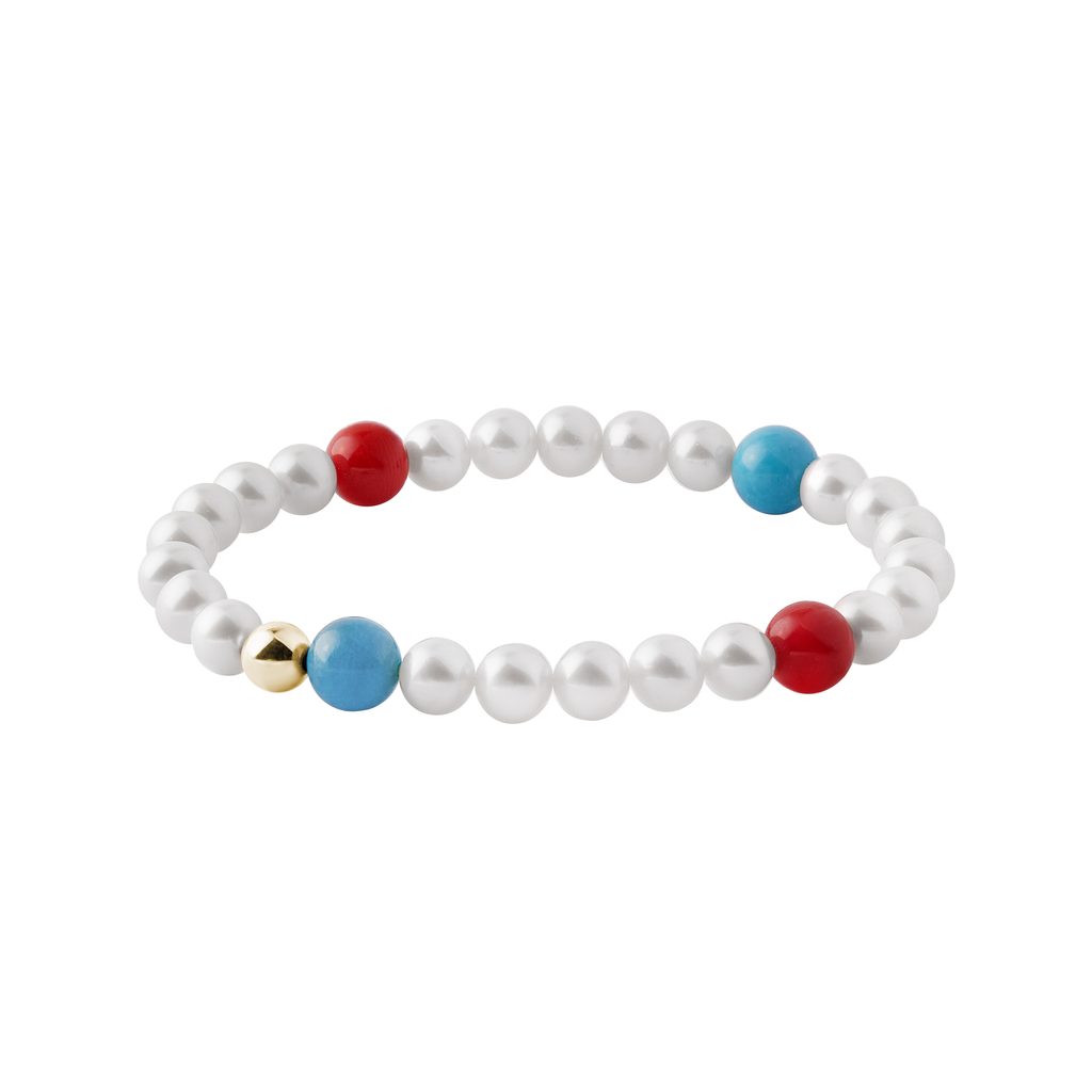 Pearl bracelet with turquoise, coral and gold beads | KLENOTA