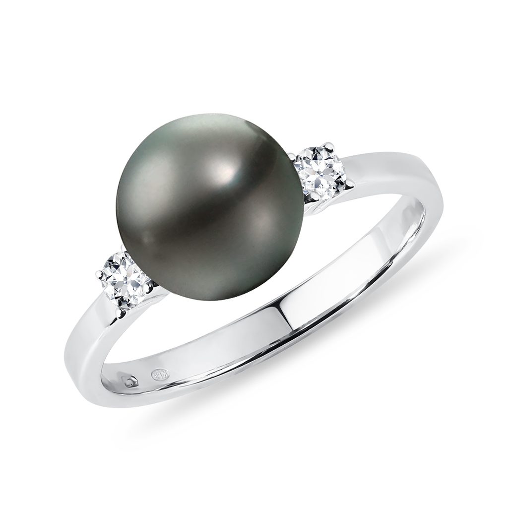 Tahitian pearl ring with diamonds in white gold | KLENOTA