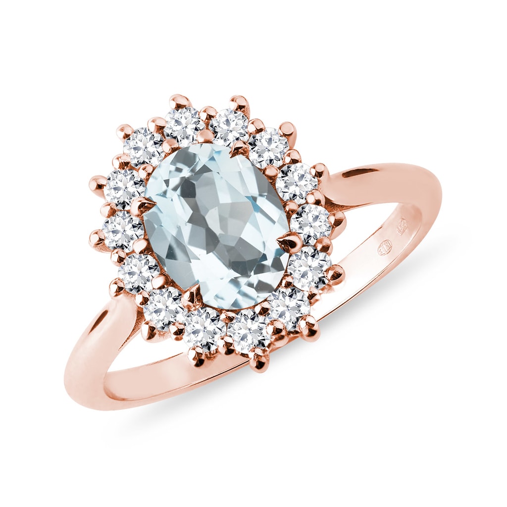Ring mit Aquamarin und Diamanten im Brillantschliff aus Roségold | KLENOTA