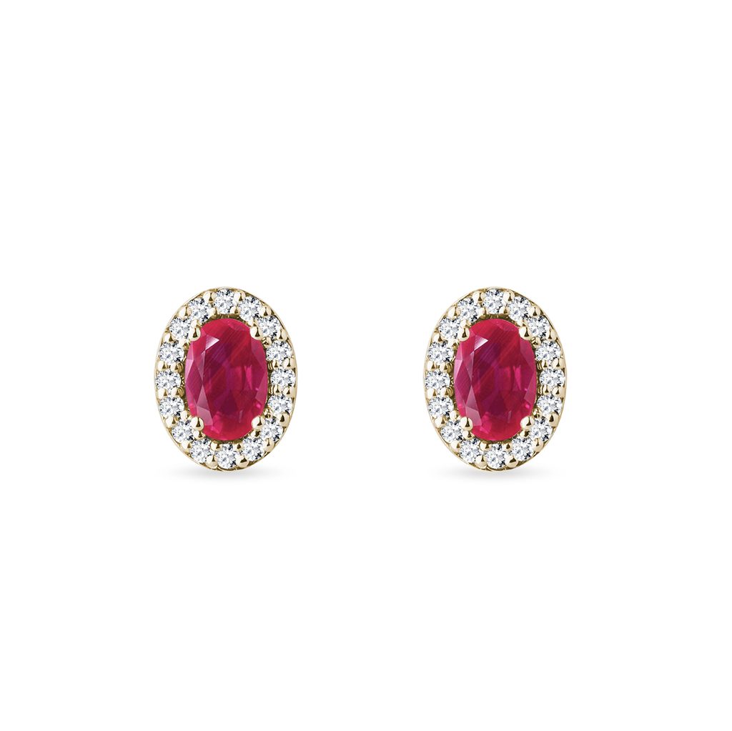 Ruby and Diamond Halo Earrings in Yellow Gold | KLENOTA