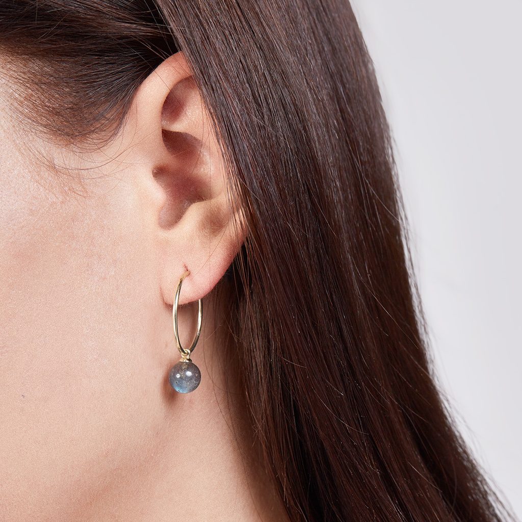 Gold hoop earrings with round labradorite pendants | KLENOTA