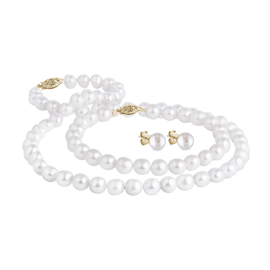 Zestaw biżuterii z żóltego złota ozdobionej perłami słodkowodnymi | KLENOTA