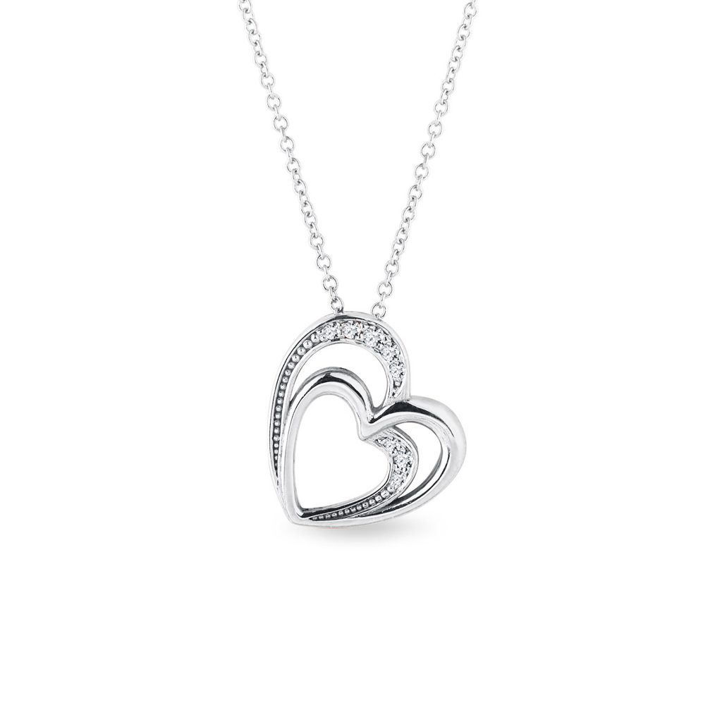 14K White Gold Double Heart Pendant with Diamonds Necklace Valentine's Day Gift