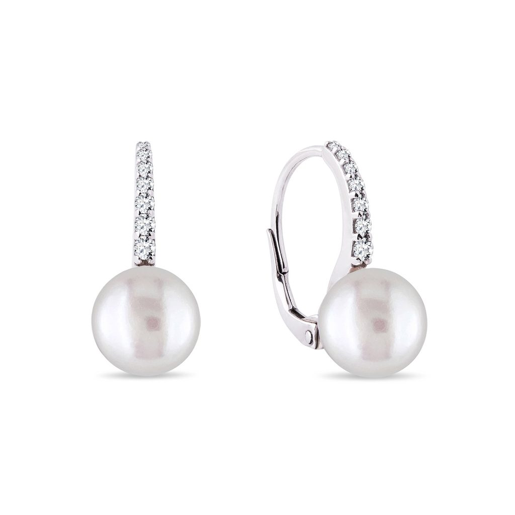 14k White Gold Diamond Earrings with Pearls | KLENOTA