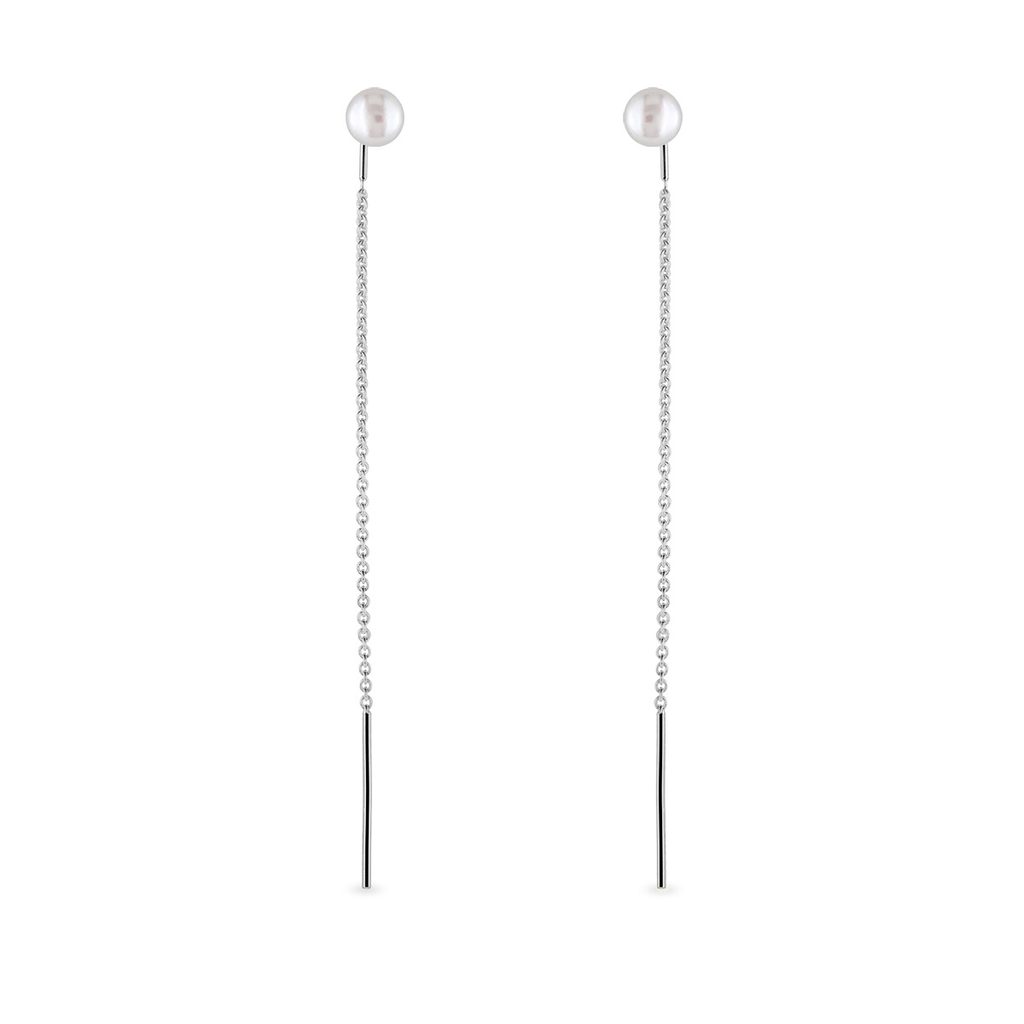 WDD Women's Fashion White Pearl Drop Dangle Earrings - Alloy, Round Chain Style With Stud Closure