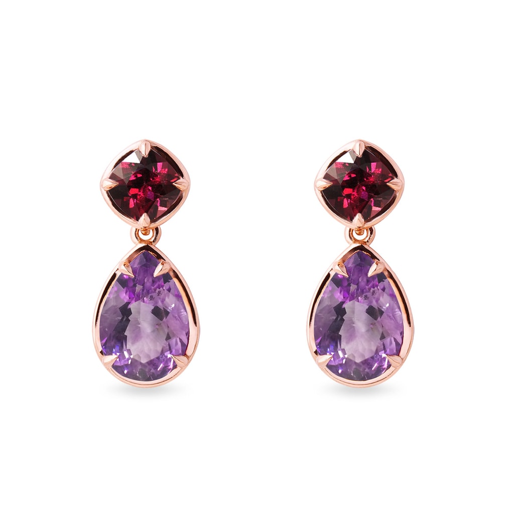 Amethyst and rhodolites earrings in yellow gold | KLENOTA