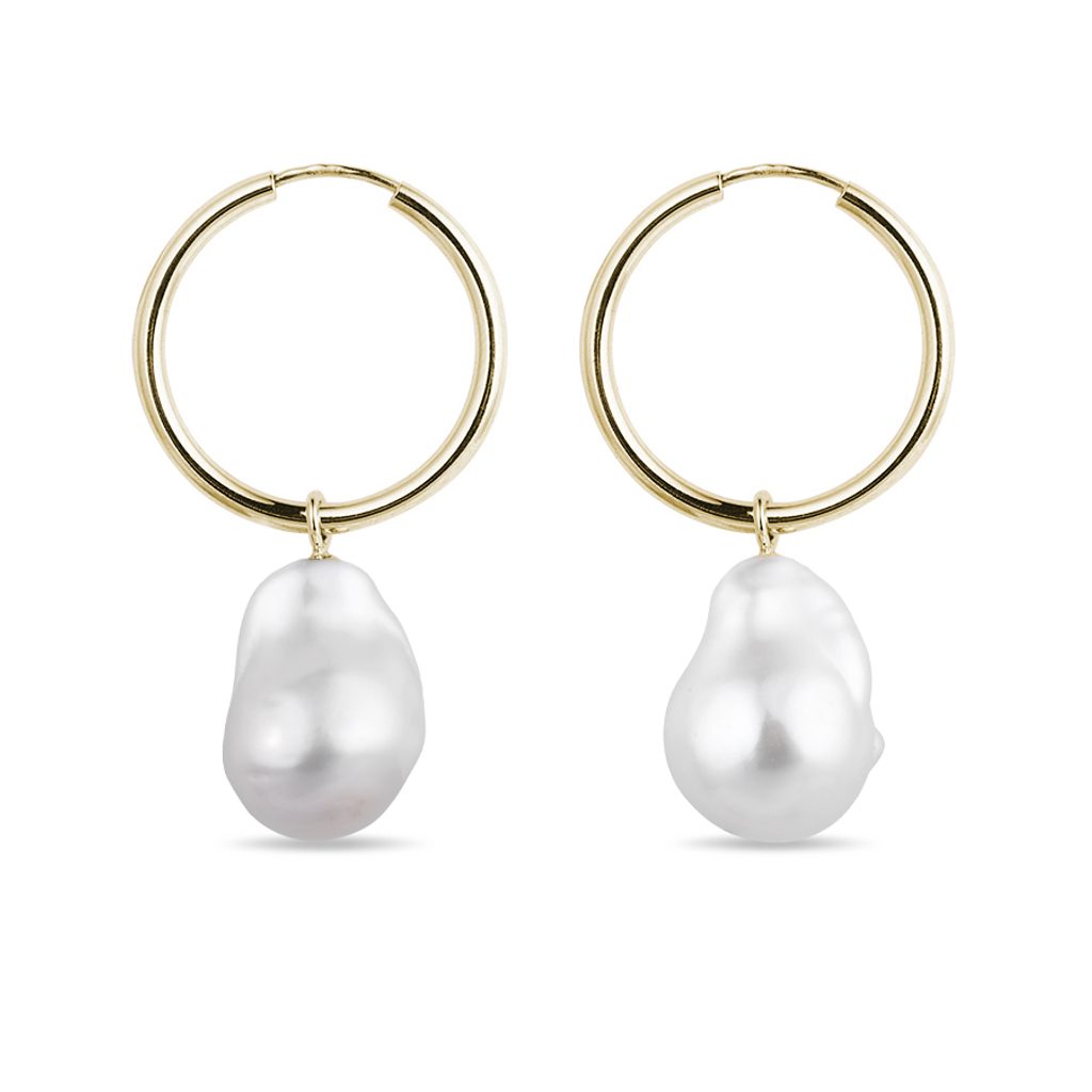 Zlaté náušnice kruhy s barokovou perlou | KLENOTA