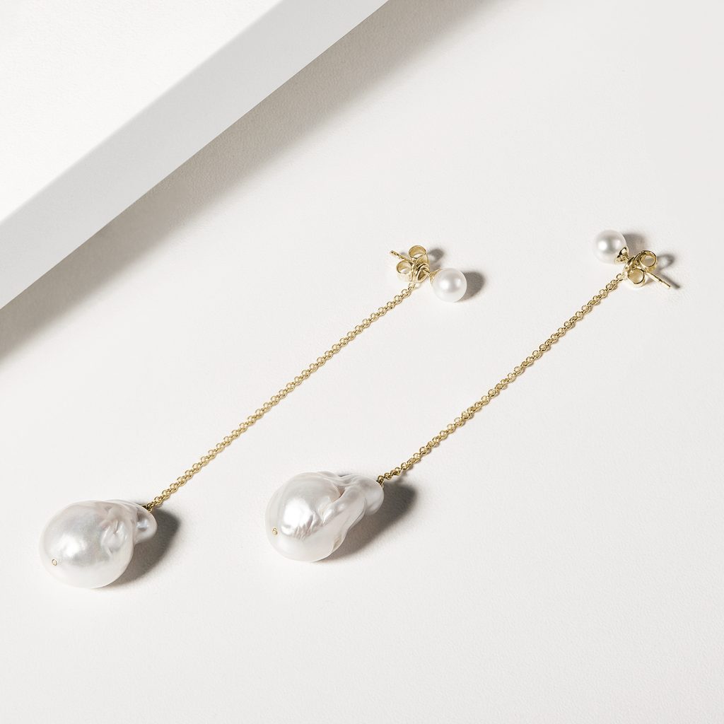 AAA 15-14mm Natural South Sea White Baroque Pearl Earrings – 14K Yellow Gold