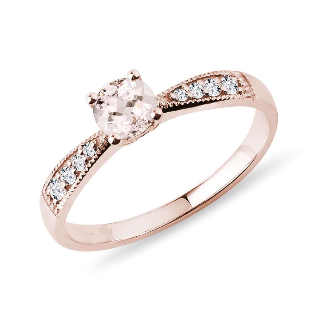 Prsten z růžového 14k zlata s morganitem a diamanty | KLENOTA