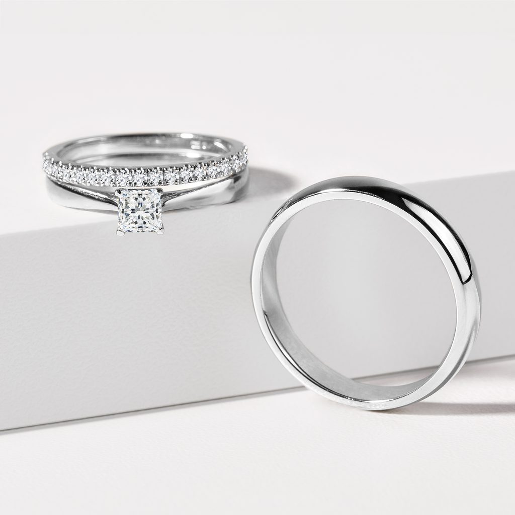White Gold Wedding Band Set with Half Eternity and Shiny Finish