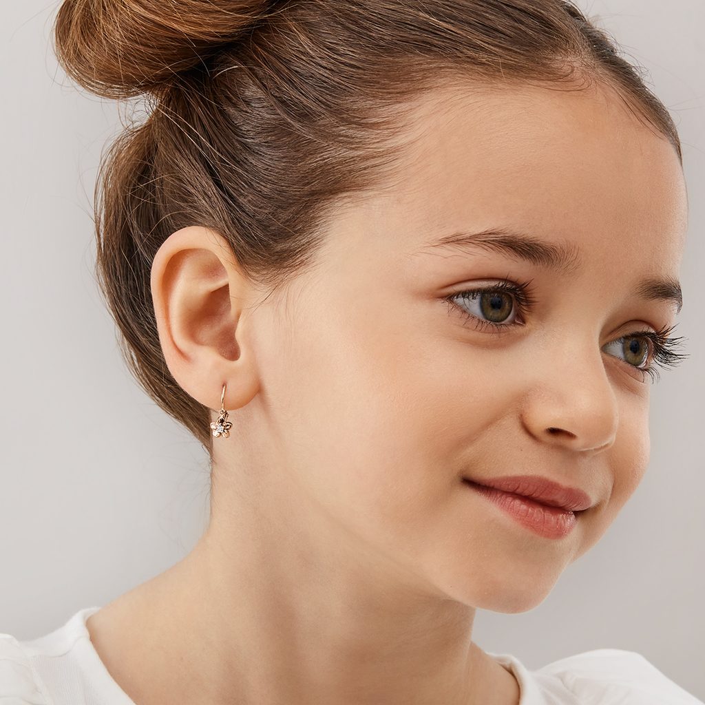 Boucles d'oreilles pour enfants en or rose et zircons - fleurs
