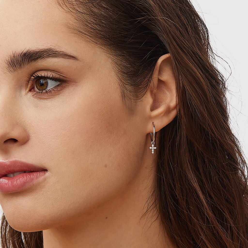 Diamond Cross White Gold Hoop Earrings | KLENOTA