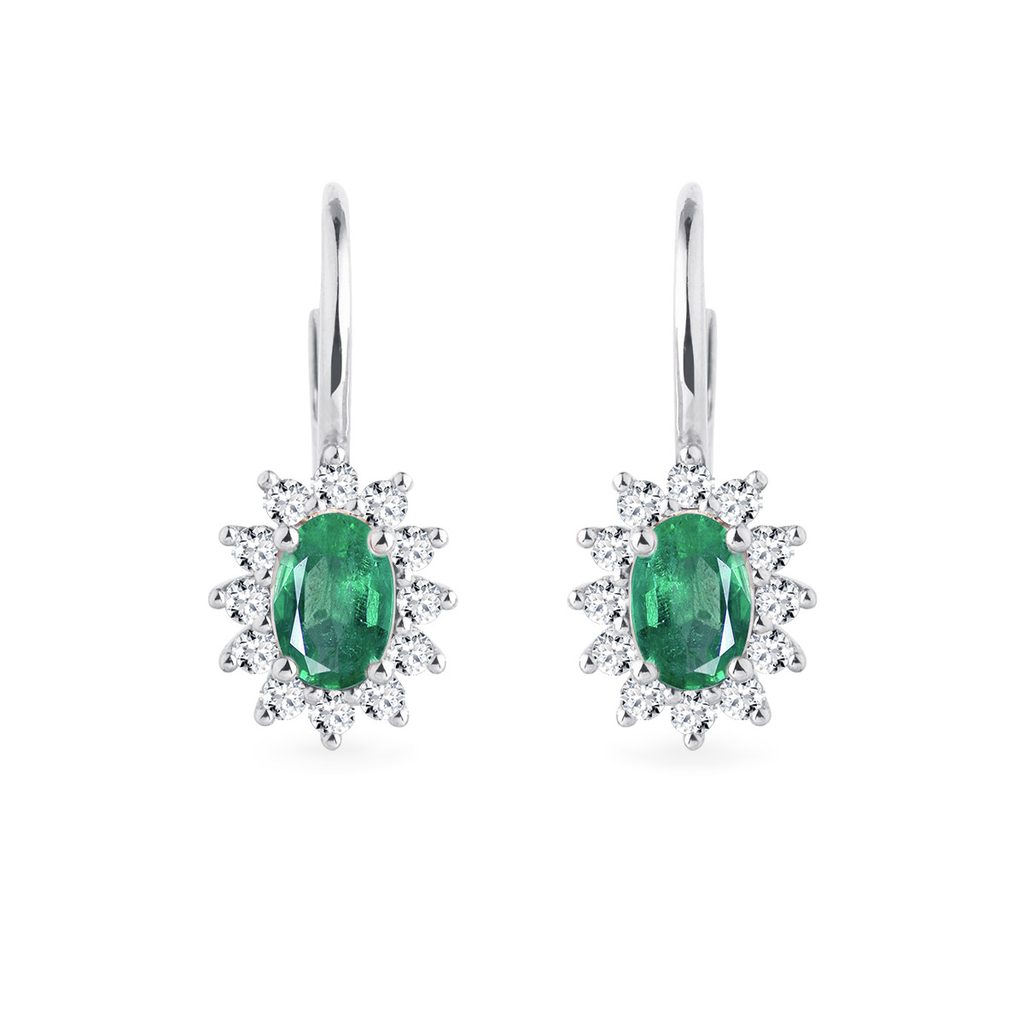 Earrings with Diamonds and Emeralds in White Gold | KLENOTA