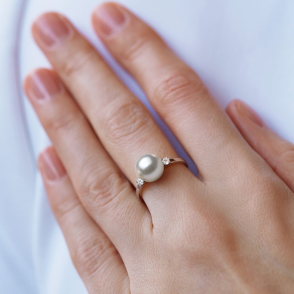 AAA Round White Akoya Pearl Diamond Ring Women Wedding Engagement Jewelry Gift 