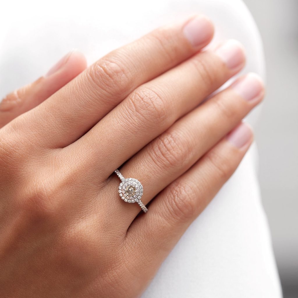 Champagne and white diamond halo ring | KLENOTA