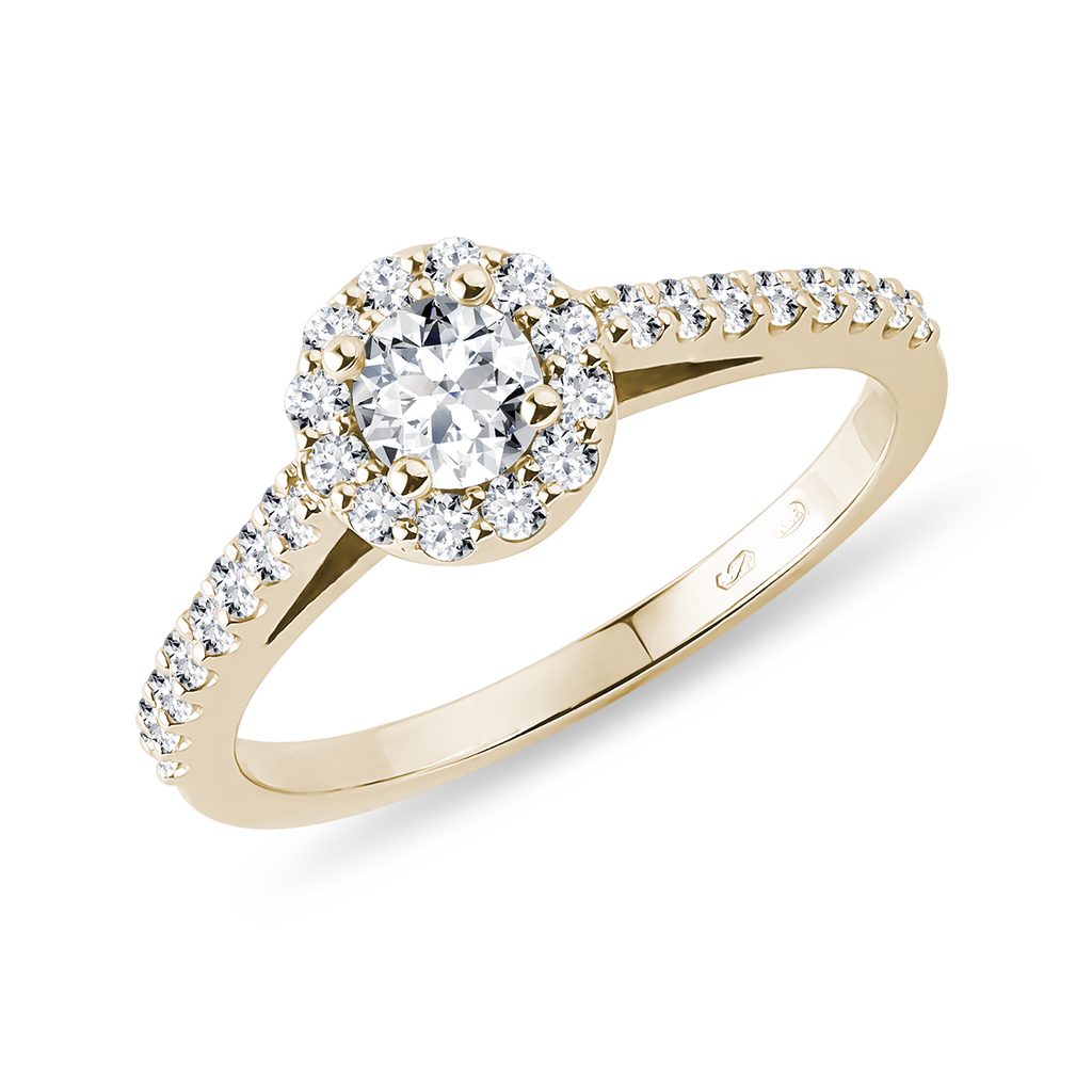 Diamantový prsten halo ze žlutého zlata | KLENOTA