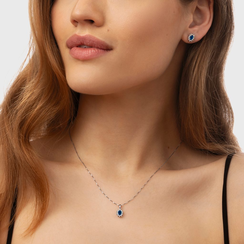 Buy Rhodium Plated Sterling Silver Gemstone and Created White Sapphire  Round Halo Earrings and Pendant Necklace Jewelry Set - Choice of Gem Colors  Online at desertcartINDIA