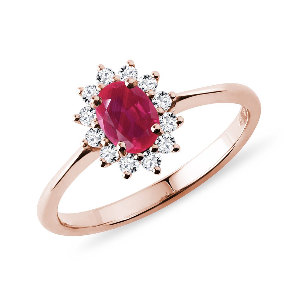 Prsteň Kate z ružového zlata s rubínom a diamantmi | KLENOTA