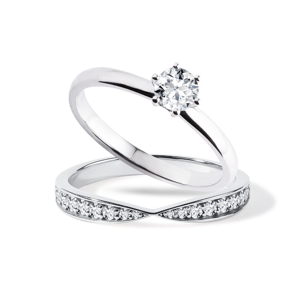 Ensemble d'anneaux de fiançailles et de mariage en or blanc avec diamants |  KLENOTA