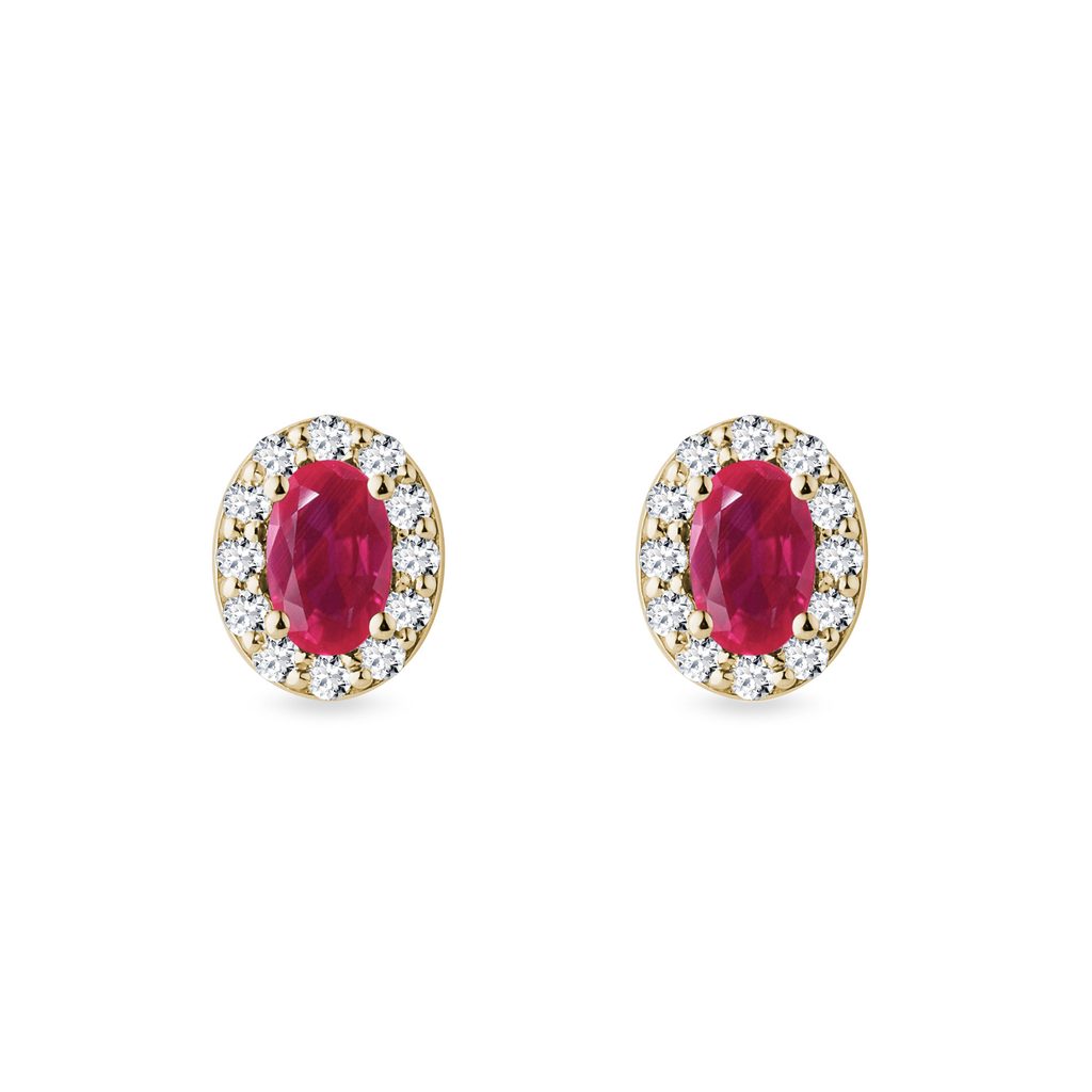 Oval Ruby and Diamond Gold Halo Stud Earrings | KLENOTA