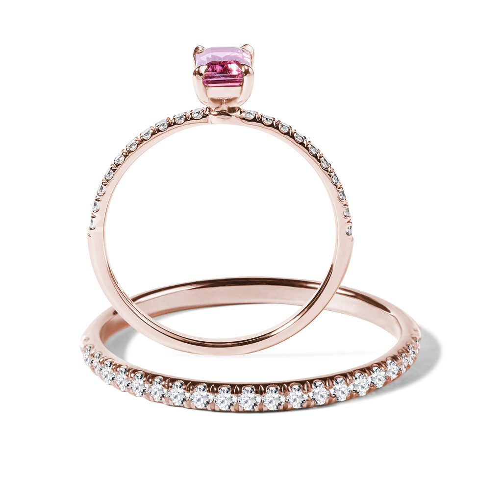 Pink Tourmaline and Diamond Halo Engagement Solid 14K Rose Gold (14KR)  Colored Stone Wedding Ring