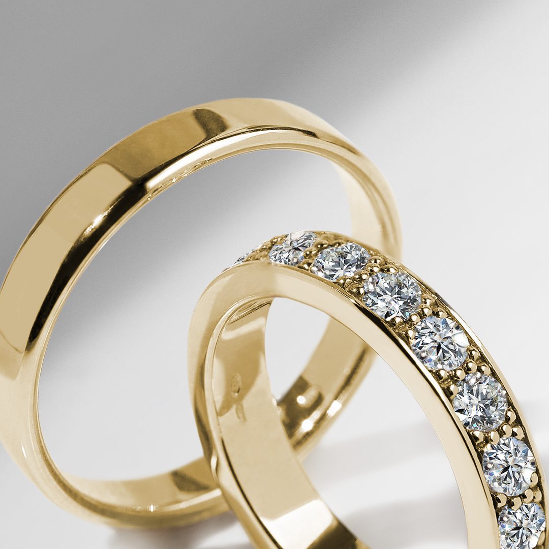 set of gold wedding rings with diamonds KLENOTA
