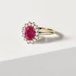 ROUND RUBY AND HALO DIAMOND GOLD RING - RUBY ENGAGEMENT RINGS - ENGAGEMENT RINGS