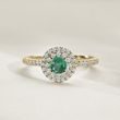 EMERALD AND DIAMOND GOLD HALO RING - EMERALD RINGS - RINGS
