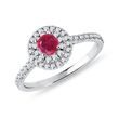 WEISSGOLDENER HALO-RING MIT RUBIN UND DIAMANT - RUBIN-VERLOBUNGSRINGE - VERLOBUNGSRINGE