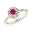 GELBGOLDENER HALO-RING MIT RUBIN UND DIAMANT - RUBIN-VERLOBUNGSRINGE - VERLOBUNGSRINGE