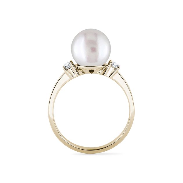 Gold Pearl Ring with Diamonds | KLENOTA