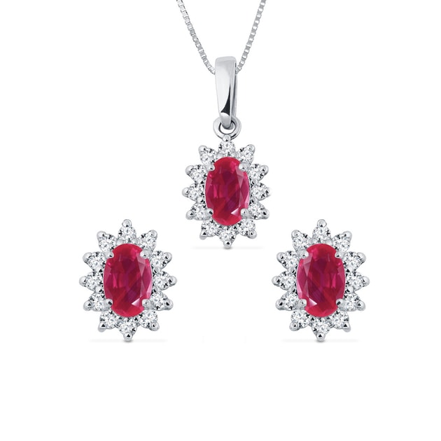 Ruby and diamond halo earring and necklace set in white gold | KLENOTA