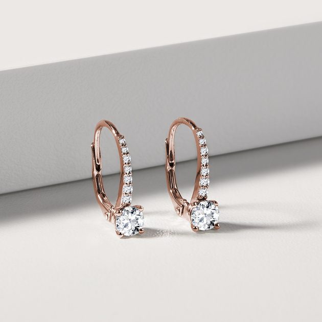 Diamond Leverback Earrings. Certified 585 (14kt) Rose Gold, Rhodium Detailing. Solitaire Diamond Leverback Earrings