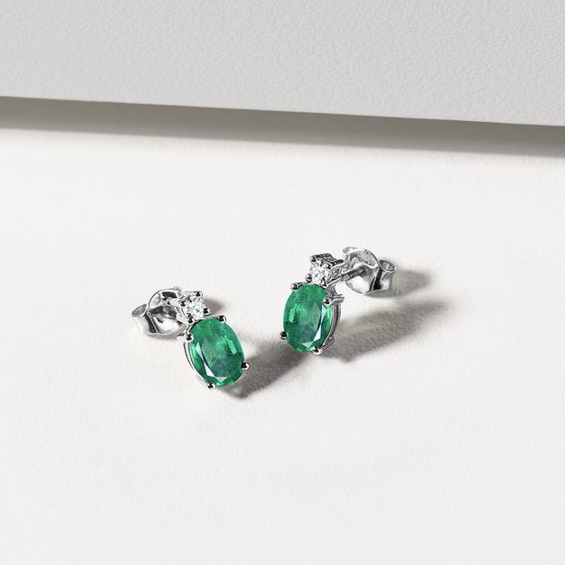 Gold Earrings with Emerald and Diamonds | KLENOTA