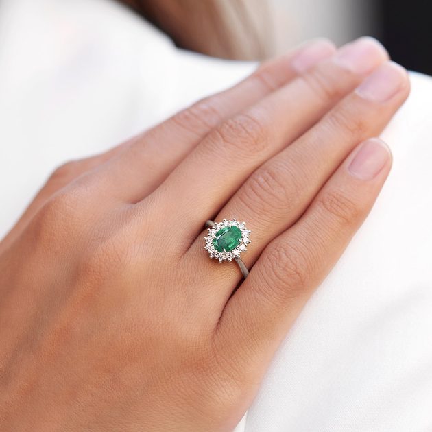 Princess Diana Oval Emerald Diamond Engagement Ring 14K Rose Gold
