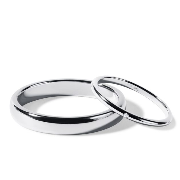 Couple Wedding Ring Set - His & Hers White Gold Plated CZ Engagement Ring & Titanium Band, Bridal Set For Women & Men