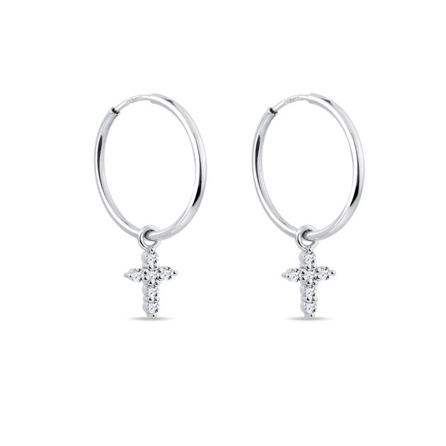 Diamond Cross White Gold Hoop Earrings | KLENOTA