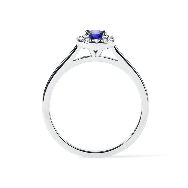 Blue Sapphire and Diamond Halo Ring in White Gold | KLENOTA